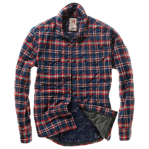 Dark Blue/ Multi Red Quilted Flannel Shirt Jacket by Relwen