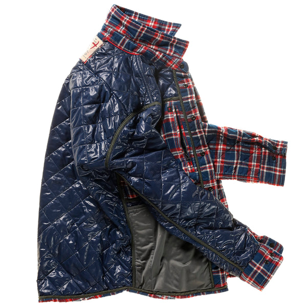 Dark Blue/ Multi Red Quilted Flannel Shirt Jacket by Relwen