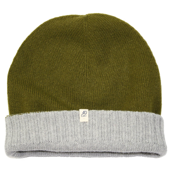 Reversible Olive & Lt Grey Cashmere & Wool Knit Beanie by 40 Colori Italy
