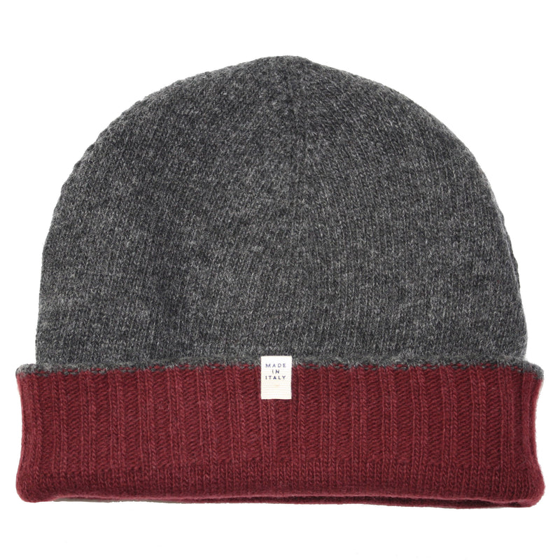 Reversible Burgundy & Charcoal Cashmere & Wool Knit Beanie by 40 Colori Italy